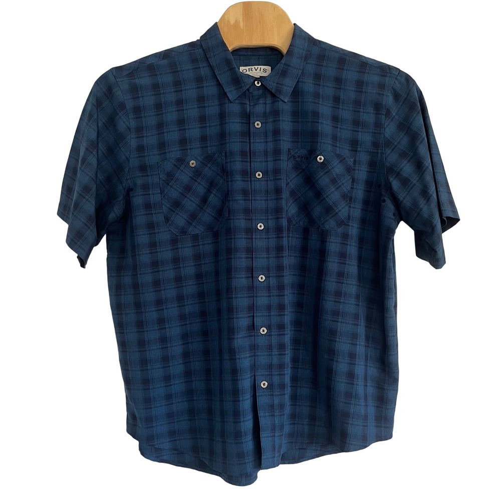 Orvis Button Down Shirt Mens XXL Blue Good Plaid Short Sleeve Utility Pocket